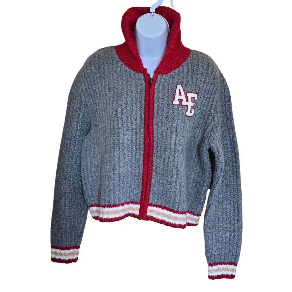 American Eagle Gray & Red Letterman Sweater Cozy Retro Vintage Vibes warm soft